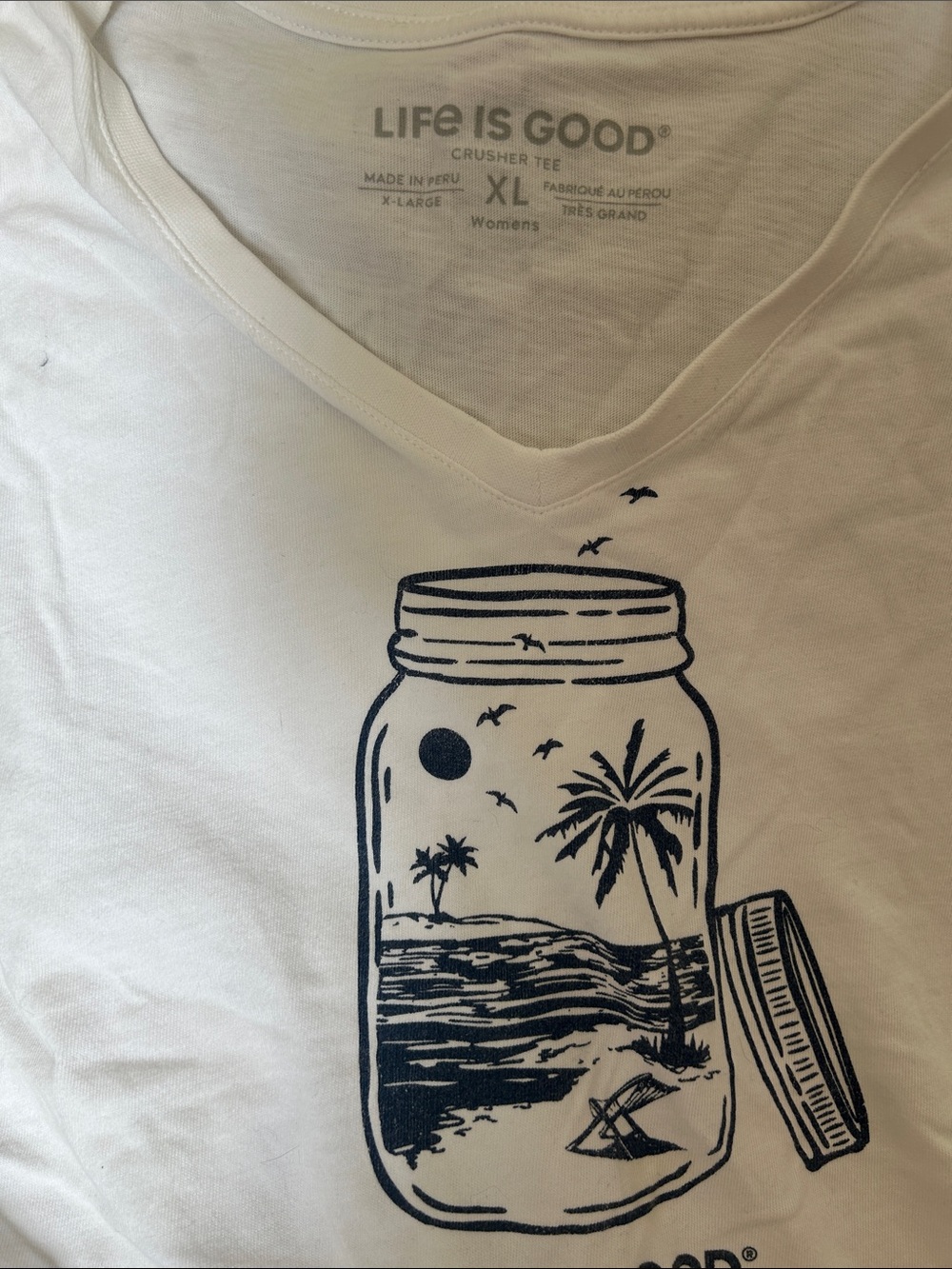 Life Is Good White V-Neck Tee with Navy Mason Jar Beach Graphic